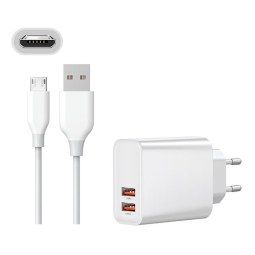 Laadija Micro USB: Juhe 2m + Adapter 2xUSB, kuni 18W QuickCharge