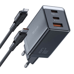 Charger iPhone iPad Lightning: Kaabel 1m up to 36W + Adapter 2xUSB-C, 1xUSB, up to 67W, QuickCharge up to 20V 3.35A: Mcdodo GaN5 Mini - Black