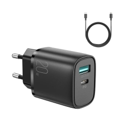 Зарядка iPhone iPad Lightning: Kaabel 1m + Адаптер 1xUSB-C, 1xUSB, до 20W, QuickCharge до 12V 1.67A: Joyroom L-Qp2011 - Чёрный