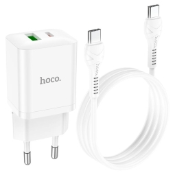 Зарядка USB-C: Kaabel 1m + Адаптер 1xUSB-C, 1xUSB, до 20W, QuickCharge до 12V 1.67A: Hoco N28 - Белый